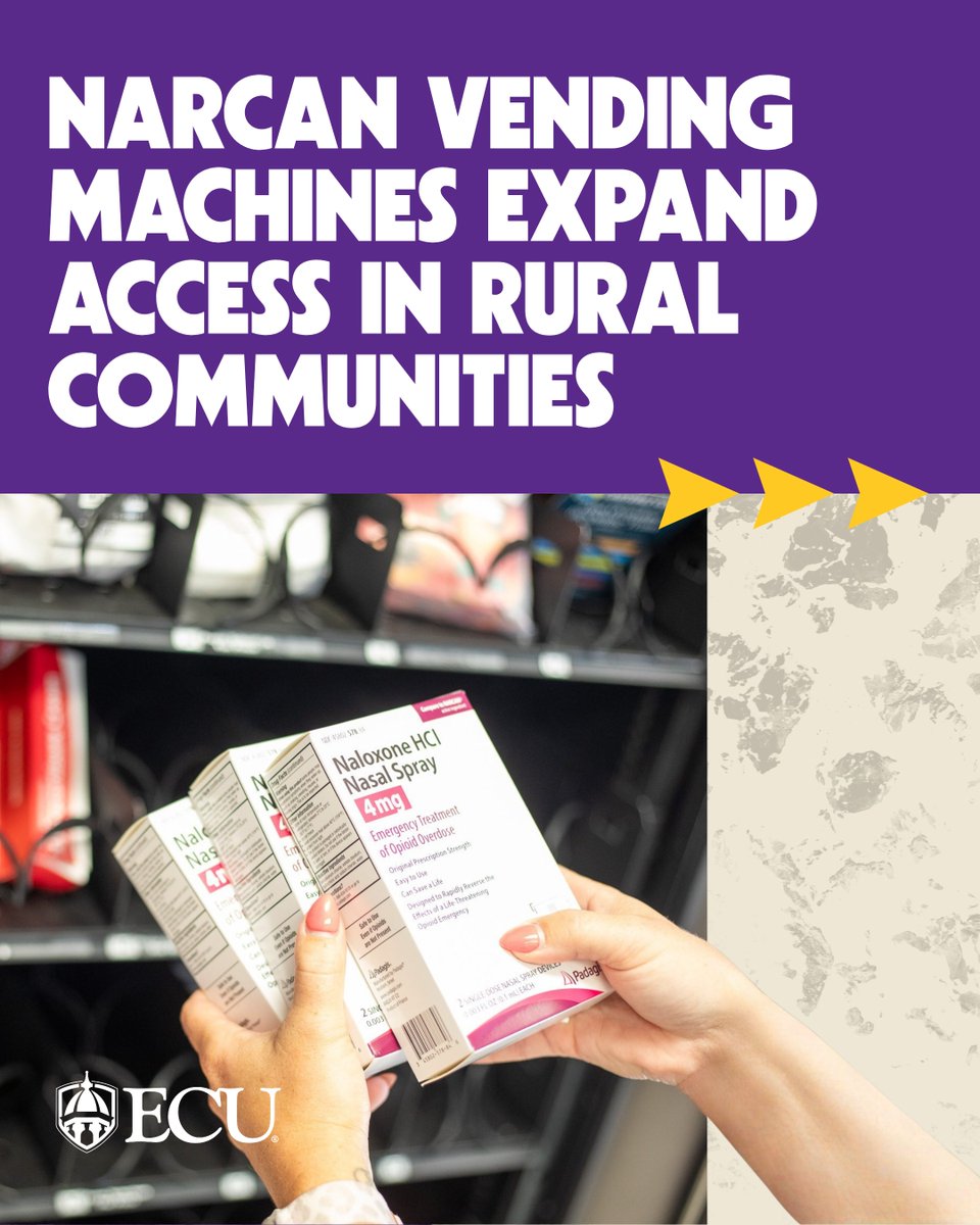 The text states, \"NARCAN VENDING MACHINES EXPAND ACCESS IN RURAL COMMUNITIES.\" A person's hands hold a box of Naloxone HCl Nasal Spray 4mg retrieved from a vending machine, with other boxes visible inside. ECU logo is at the bottom left.