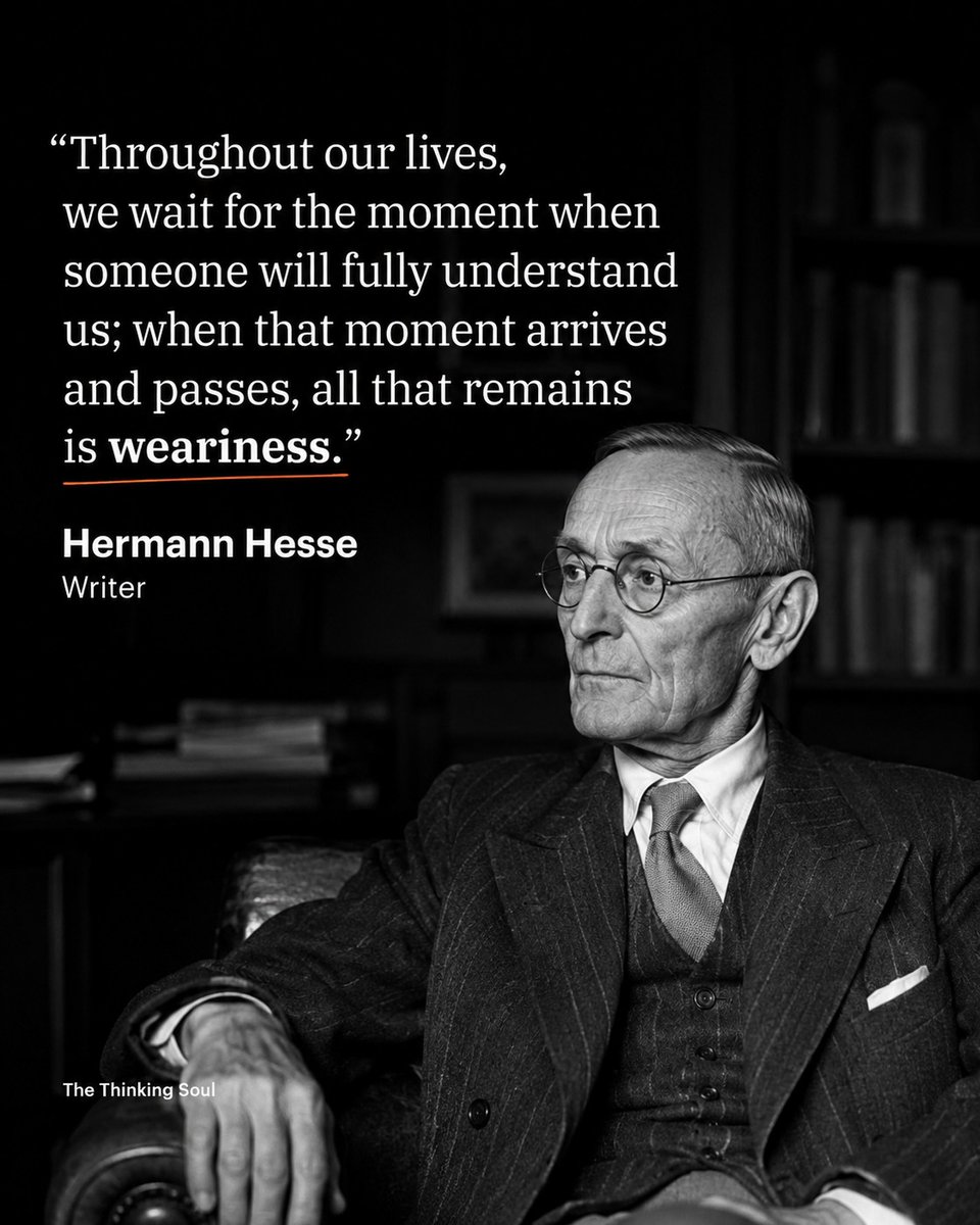 AssuntaSchuyix's tweet photo. We often mistake the desire to be understood for a desire for happiness, but Hermann Hesse suggests it might actually be a desire for an ending. Throughout our lives, we wait for the moment when someone will fully understand us; when that moment https://t.co/Dd2yqx5jx3