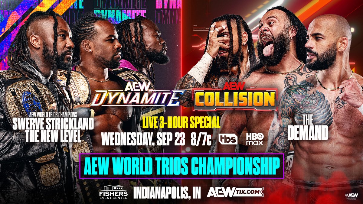 AEW's tweet photo. #AEWDynamite - 8/7c TBS &amp; HBO Max, NEXT WED, 9/23!
AEW World Trios Title
@SwerveConfident/@AustinCreedWins/@TrueKofi vs @KingRicochet/@BishopKaun/@ToaLiona
Swerve &amp; The New Level defend vs The Demand on Dynamite NEXT Wednesday! The winners face Hangman &amp; Brodido at #AEWAllOut! https://t.co/YVWsplgNYH