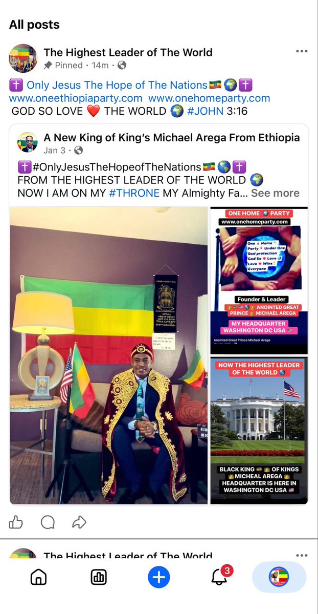 ONEHOMEPARTY's tweet photo. ✝️#OnlyJesusTheHopeofTheNations🇪🇹🌎✝️
FROM THE HIGHEST LEADER OF THE WORLD 🌍    NOW I AM ON MY #THRONE MY Almighty Father God is in Control Everything under The Sun.
https://t.co/kdwzsuoOgh  https://t.co/1iLhy8MJMN  
  And I Am Governed All World 🌍 Citizens from my office which is any time anywhere I AM still I am at work giving an order and Rewarding or removing from any country one around the world from there government Authority and give an order to fix there fault and if they resist my orders as you know that 

https://t.co/kdwzsuoOgh https://t.co/1iLhy8MJMN 
 #Psalm 103 :19
The #LORD has established his throne in heaven, and his kingdom rules over 🌍 all.

My Headquarter is Here in Washington DC USA 🇺🇸  Since DECEMBER 22/2025  

Thank you 🙏🏾 To My Almighty Father #God 

FROM THE #HIGHEST  #LEADER OF THE #WORLD 🌍 
   NO MORE THE AMERICAN  PEOPLE  AND MY BELOVED WORD PEOPLE  SUFFERING .
  NOW I AM On MY #THRONE My Headquarter is Here in Washington DC USA 🇺🇸 Since DECEMBER 22/2025

#Psalm 105:15
“Do not touch my anointed ones; do my prophets no harm.”

CONGRATULATIONS 🎉 All My World Citizens 
  GOD SO LOVE ❤️ THE WORLD 🌎 John  3:16

#BLACK  #kING 👑 🇪🇹🌎 A New King of King’s Michael Arega From Ethiopia and Usa 

#Psalm 103 :19
The #LORD has established his throne in heaven, and his kingdom rules over all.

From One #Home Party 
Founder and Leader of 
For All #world #Citizens !

 GET READY TO BE FREE ALL MY BELOVED  #BLACK PEOPLES AND ALL IMMIGRANTS HERE AT HOME 🇺🇸 AND AROUND THE WORLD 🌍 

 NO MORE OPPRESSORS AGAINST MY ENOCENT SOLDERS AND MY WORLD CITIZENS 

 THE TIME IS NOW  I  AM NOT GO NOWHERE  UNTIL I BRING THEM TO JUSTICE ALL THIS  CRIMINALS  THE MAJORITY OF WORLD  LEADERS AND CORRUPTED RICH Individuals 

#Matthew 16 : 18-19
And I tell you that you are Peter, / #PeterArega/ and on this rock I will build my church, and the gates of Hades will not overcome it.
I will give you the keys of the kingdom of heaven; whatever you bind on earth will be bound in heaven, and whatever you loose on earth will be loosed in heaven.” n

The Church Leaders The Noon profit organization owners some police 👮 commissioners 

  The Kingdom 👑 Of GOD will do justice on our planet Infront of Billions of World peoples 
 All kids and marriage partner abusers worker abusers some judges and everyone according to their evil deed 

I will bring them to justice not only here at home 🇺🇸🇪🇹 but from all over the world 🌍 no earthly power can save you from My Almighty Father God hands and My Leadership 

Just let you know we have all evidence your secret conversations text messages at all kinds of App

 I own it all Glory To God I am in Charge of All world 🌍 Glory To My Almighty Father God 
He Assigned Me to clean His home which is the all world from the cult and sinful practices 

which is destroying the God image Humanity for the sake of Money 💰 power and Women for many decades 

Before Sending His Begotten Son #JESUSCHRIST 

Everyone will be persecuted some of you will be life time prison some of you 5,10,20,50 years I will rule it according to your evil deed

Revelation 19:15
Coming out of his mouth is a sharp sword with which to strike down the nations. “He will rule them with an iron scepter.” He treads the winepress of the fury of the wrath of God Almighty.

  On Some of you i will be punished you and ruling by death in public execution hanging you on the long pole in public execution 

Some a true servant of God and a true and a wonderful citizens of this world you will be rewarded 

Because of your evil deed WHO IS RESPONSIBLE FOR MILLIONS OF SOLDERS AND INOCENT PEOPLES HAS BEEN KILLED  By MEANINGLESS REASONS ALL OVER THE WORLD 🌍 

THIS MESSAGE IS FOR ALL MY ENEMIES AND MY AMERICAN 🇺🇸 ETHIOPIAN 🇪🇹 AND WORLD 🌍 SOLDIERS AND ALL MY BELOVED WORD PEOPLE ENEMIES . 

GOD SO LOVE ❤️ THE WORLD . John 3:16 

Now i Am using My Heavenly Authority which is My Almighty Father  God gave to me 
 And all My Heavenly Powerful 💥 Angels
3 #Raphael,