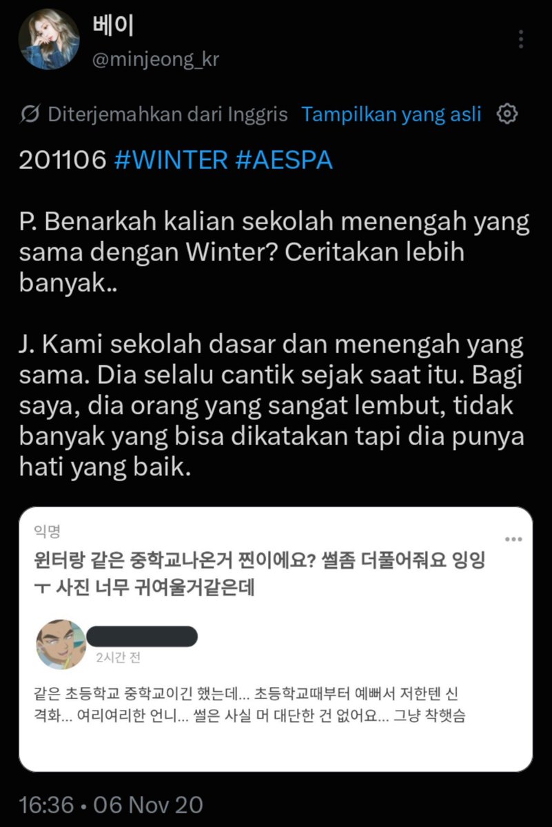 minjeongie0_1's tweet photo. Winter debut 2020 waktu itu, dan temen² sekolahnya langsung post banyak hal baik tentang dia: bilang Winter itu baik banget pengen bantu orang² membutuhkan, bilang Winter bantu siswa² disabilitas, bilang Winter gak pernah berkata kasar, bilang Winter itu lembut, baik hati, dll🤍 https://t.co/n4wy98Qbzc