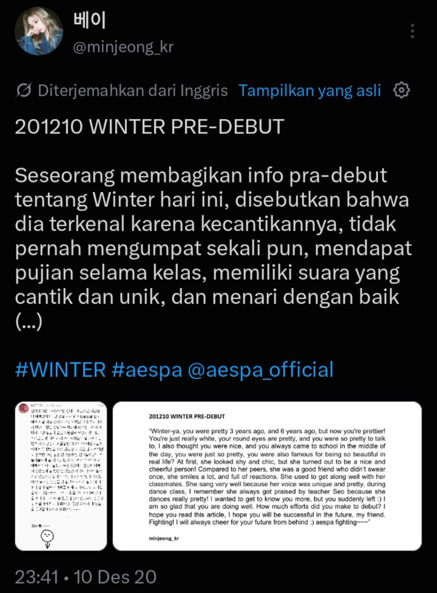 minjeongie0_1's tweet photo. Winter debut 2020 waktu itu, dan temen² sekolahnya langsung post banyak hal baik tentang dia: bilang Winter itu baik banget pengen bantu orang² membutuhkan, bilang Winter bantu siswa² disabilitas, bilang Winter gak pernah berkata kasar, bilang Winter itu lembut, baik hati, dll🤍 https://t.co/n4wy98Qbzc