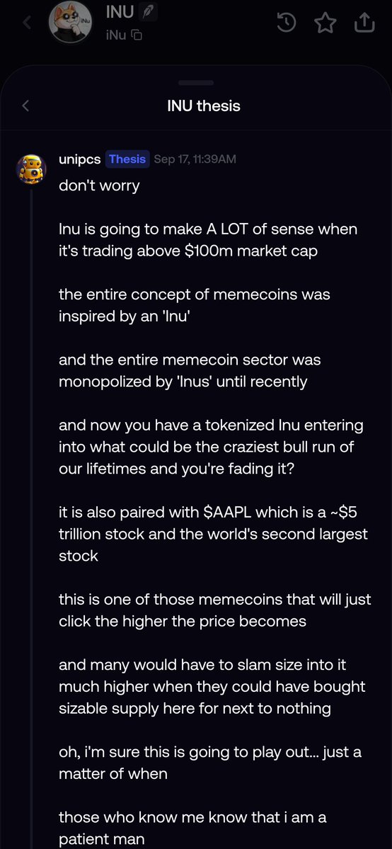 Phiilloosophy's tweet photo. New thesis about "INU" From @theunipcs 

This is how I see it too.

Being early or late isn't really the point. The important part is having a thesis and understanding why you're buying.

If you buy because someone told you to, or because you're afraid of missing the move, you don't really own the thesis.

Markets can move fast, but conviction should come from your own understanding.