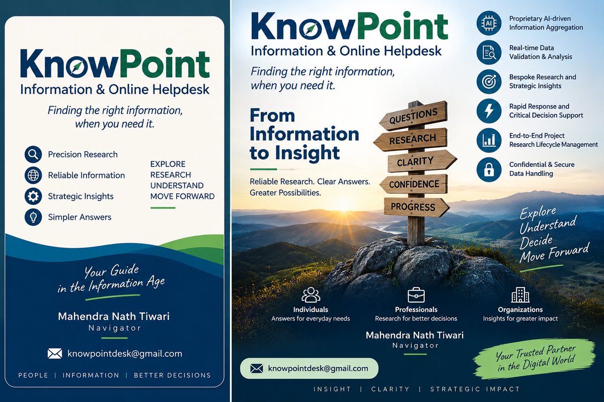YBISL's tweet photo. I’m pleased to share the launch of my new initiative — KnowPoint: Information &amp; Online Helpdesk. 🌐
A platform for precision research, reliable information and practical insights.
Mahendra Tiwari
Navigator — KnowPoint
@KnowPointDesk
#KnowPoint https://t.co/bEcF2oTVYF