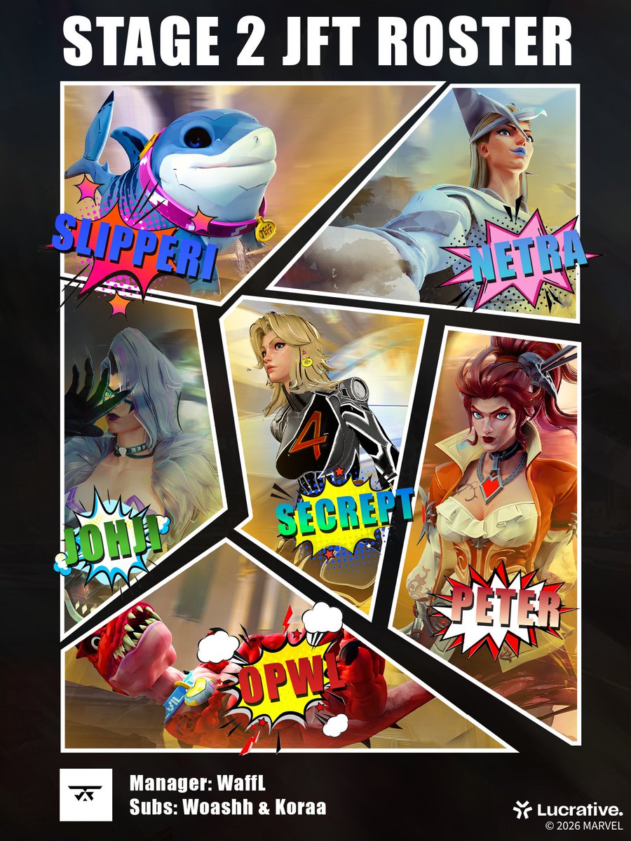 JFTesp's tweet photo. Here is JFT's Marvel Rivals Stage 2 Roster Reveal!
▫️@_Johji_ 
▫️@SlipperyRl 
▫️@OPwL_ExB 
▫️@PeterDaPanther 
▫️@Netra_ow 
▫️@secrepttt 
▪️@woashziyou 
▪️@koraa_eos 
📋@waffLzip 

To celebrate, we are giving away 10x $10 Marvel Rival Units! 
To enter:
- Retweet & Like
- Follow @JFTesp 
- Follow the full roster mentioned above 
[Winners will be announced this Sunday]