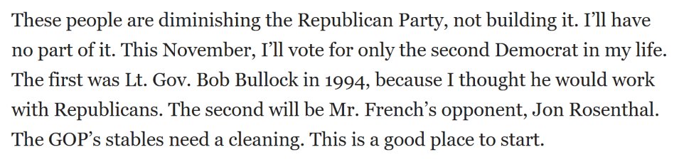 emeriticus's tweet photo. Karl Rove is voting for Bo French's Democrat opponent. It's the second time Rove has ever voted Democrat in his life, and he's doing it in response to French's racism and the GOP's embrace of that. This is actually the only way to change the GOP. It needs to lose this year. It needs to lose in 2028. It needs to keep losing until the stain of Trumpism has been thoroughly power washed out and people become ashamed to have ever been part of the movement. It'll take sustained, brutal electoral losses.
