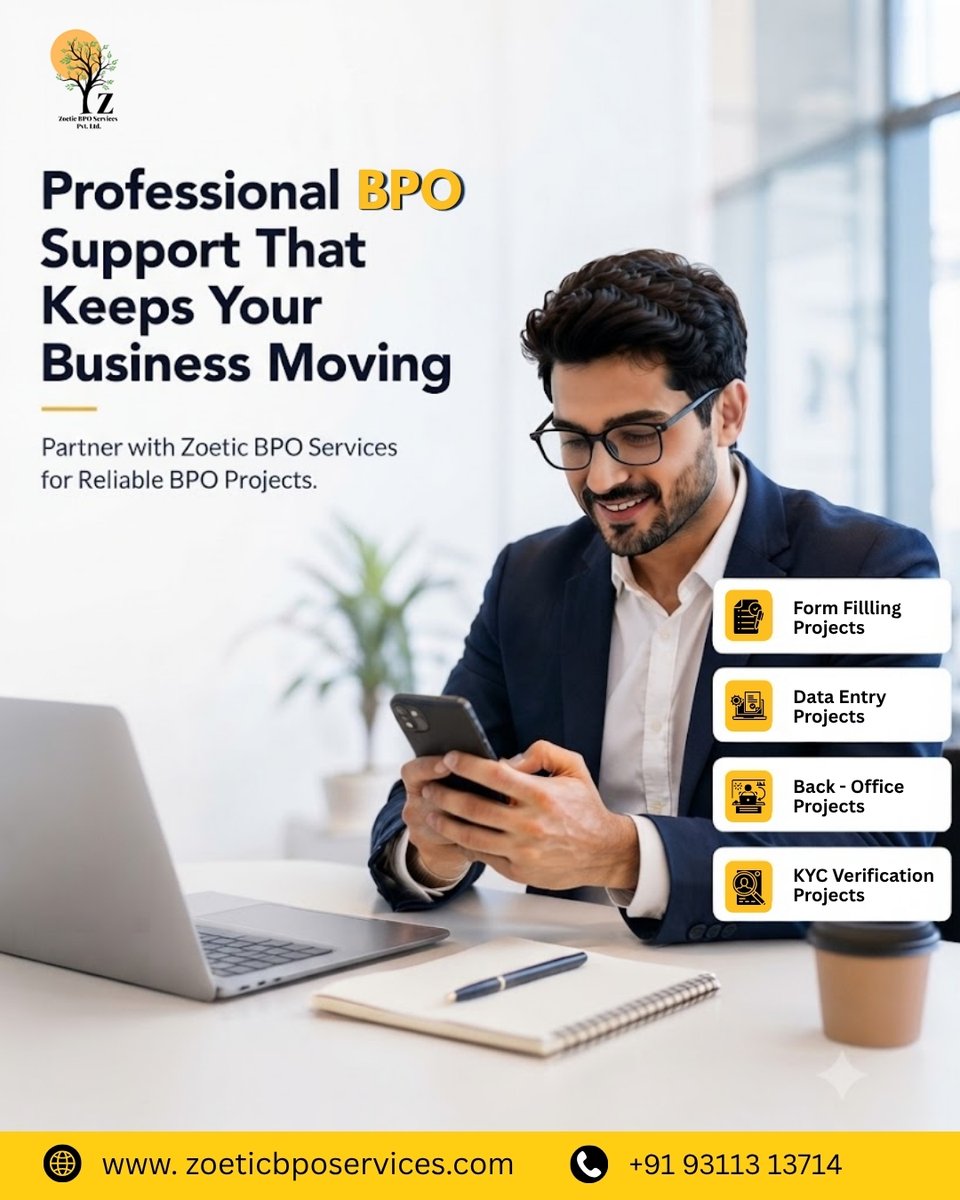 zoeticbpo's tweet photo. Streamline your BPO operations with verified projects.

Data Entry | KYC | Back Office | Call Centre
Partner with Zoetic BPO Services and grow with confidence.
📞 +91 93113 13714
🌐 https://t.co/qhDSvBJhM3
#BPOProjects #DataEntry #KYC #Outsourcing #BusinessGrowth https://t.co/Uo6MF6NxEI