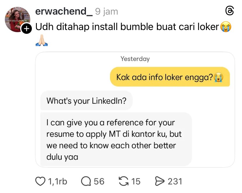 tertamvan_'s tweet photo. Install bumble buat nyari jodoh❌
Install bumble buat cari loker✅ https://t.co/pDA4iR7263