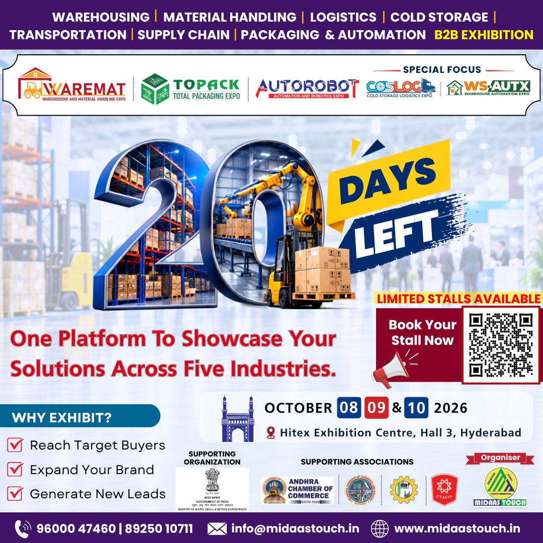wsautxExpo's tweet photo. 🚨 JUST 20 DAYS TO GO!

The countdown is on! Get ready for 5 Industry Expos. 1 Destination. Endless Business Opportunities.

08 | 09 | 10 October 2026 HITEX Exhibition Centre, Hall 3, Hyderabad

LIMITED STALLS AVAILABLE!

#20DaysToGo #HyderabadExpo #B2BExhibition https://t.co/fgidkWaWQm