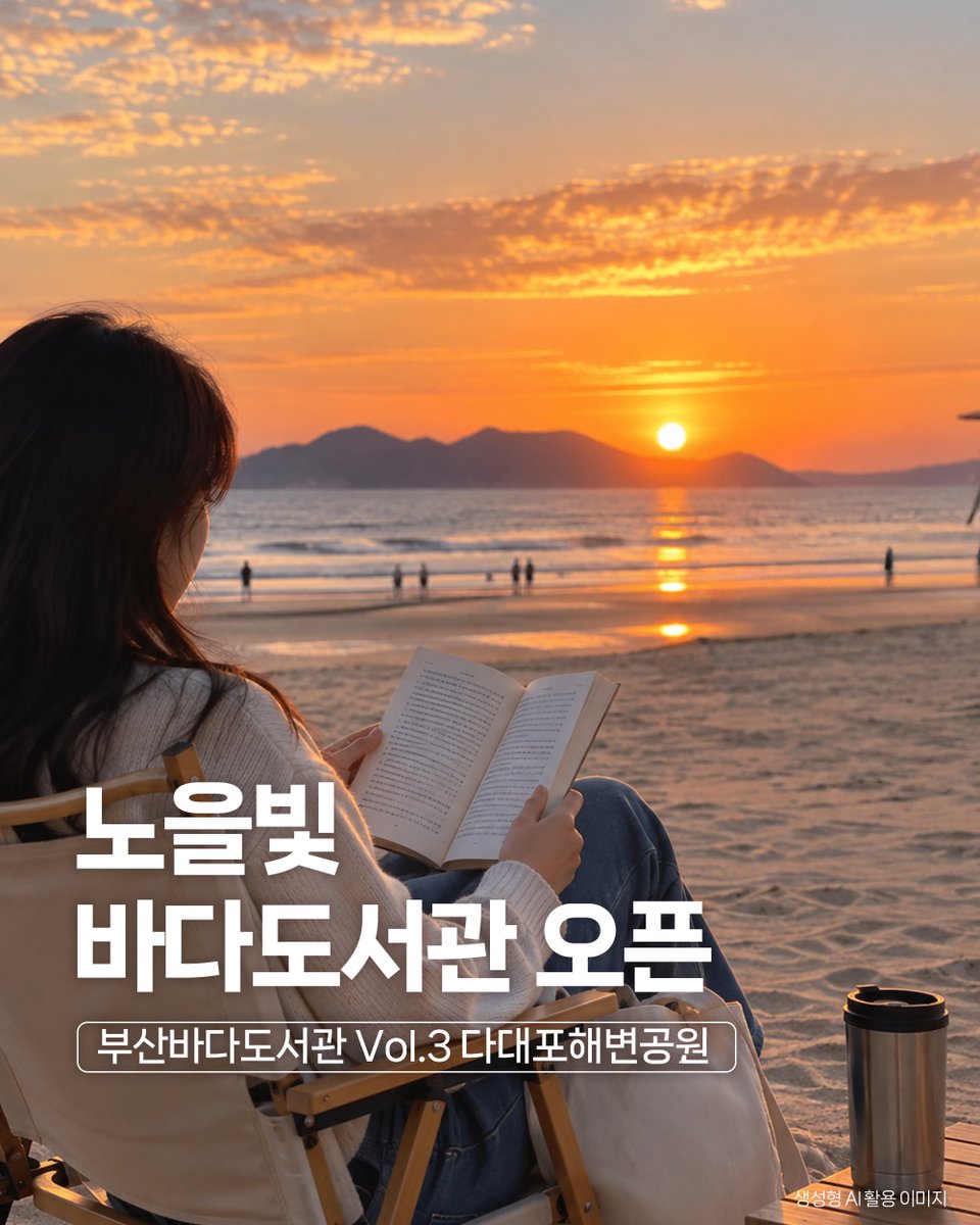 BusanCityGovt's tweet photo. 📚 2026 부산바다도서관 Vol.3

2026년 부산바다도서관의 마지막 페이지,
이번에는 노을이 아름다운 다대포해변공원에서 펼쳐집니다. 🌅

붉게 물드는 석양 아래,
바람과 파도 소리를 들으며 책장을 넘기는 시간.

더욱 다채롭고 풍성해진 프로그램과 함께
가을 바다가 선물하는 특별한 독서의 순간을 만나보세요. 📖

📌 행사 안내
○ 기간: 2026. 9. 19.(토) ~ 10. 11.(일) 매주 토·일
○ 시간: 15:00 ~ 21:00
○ 장소: 다대포해변공원 일원
○ 문의: 051-745-7286~8

※ 상세 운영시간 및 프로그램은 기상 상황 및 내부 사정에 따라 변경될 수 있습니다.

#부산 #부산바다도서관 #다대포
