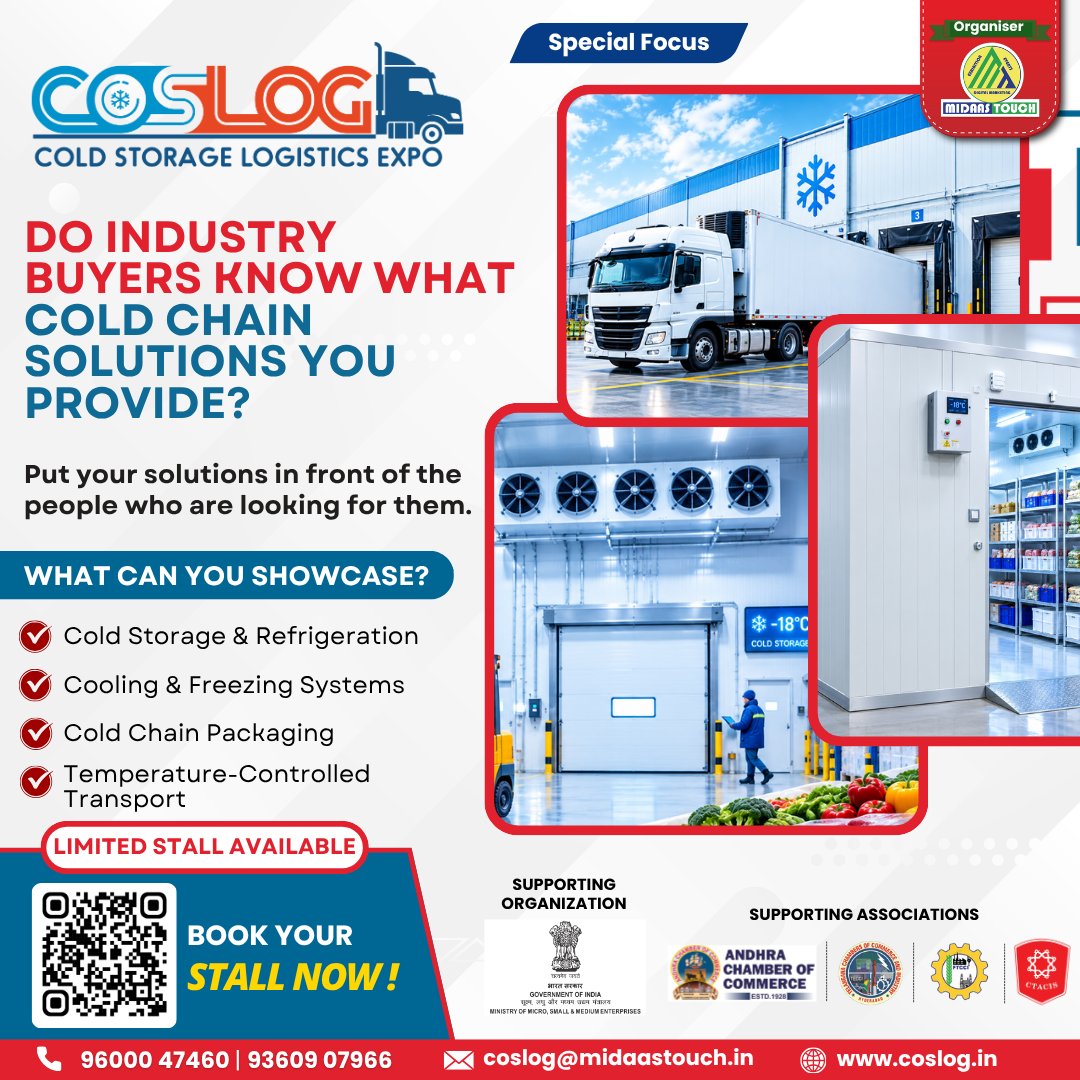 CoslogExpo's tweet photo. ❄️ DO INDUSTRY BUYERS KNOW WHAT COLD CHAIN SOLUTIONS YOU PROVIDE?

Your solutions deserve to be seen by the people who are looking for them.

COSLOG 2026 – Cold Storage Logistics Expo

 08 | 09 | 10 October 2026
 HITEX Exhibition Centre, Hall 3, Hyderabad

#COSLOG2026 #B2BExpo https://t.co/96Pj7ZpJ2G