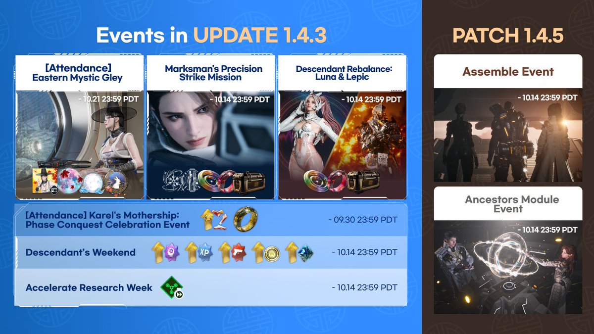 FirstDescendant's tweet photo. ⚙️ Server maintenance for Update 1.4.3 is currently underway.
Take a sneak peek at the brand-new in-game events, and plan your strategy before we go back online!