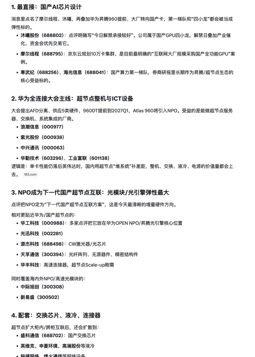 golanqer's tweet photo. 华为全连接大会，960DT产品2027Q1面世，国产AI芯片正式进入大显存、高带宽，光互联时代

最关联个股如下： https://t.co/RE3UK7473v
