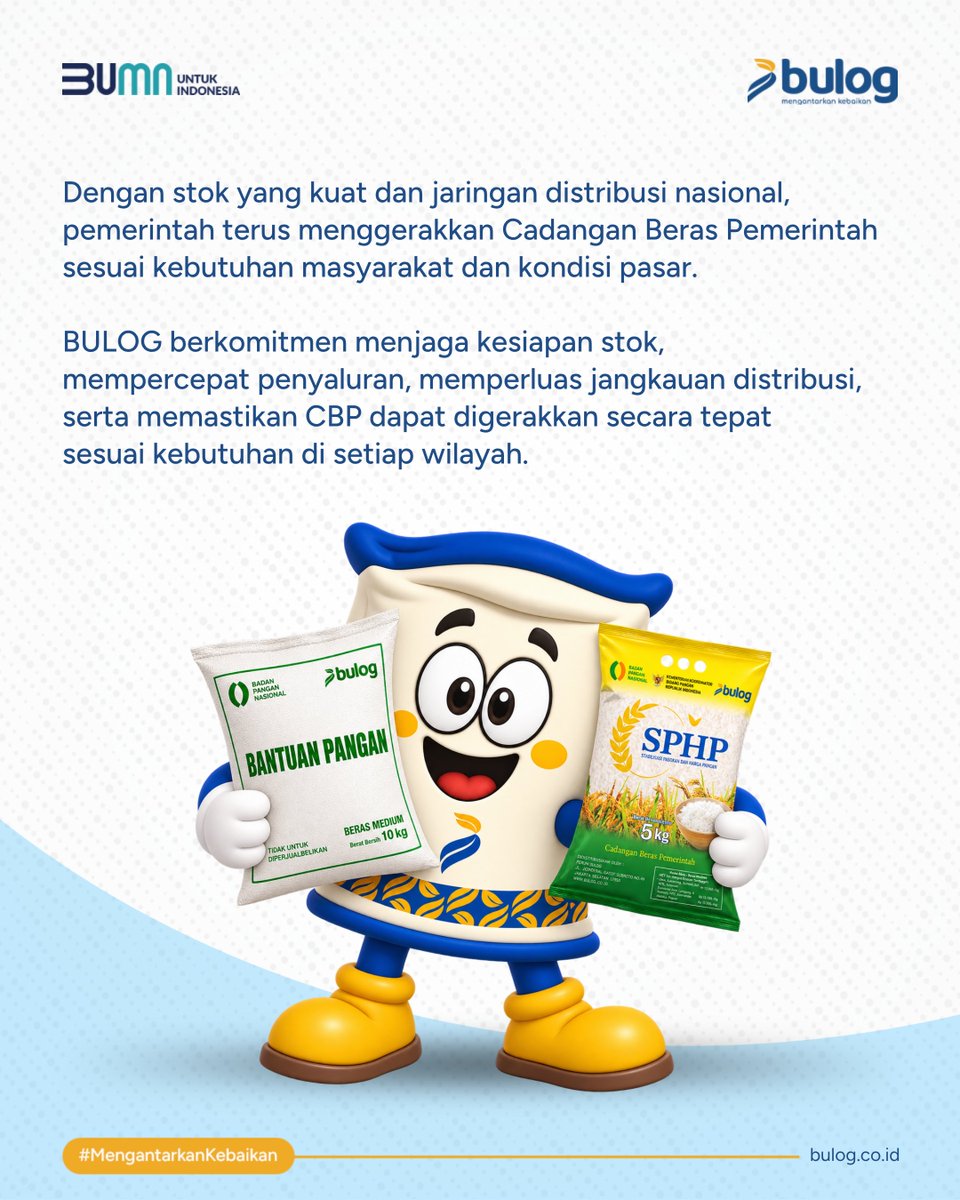 PerumBULOG's tweet photo. Dengan stok yang kuat dan jaringan distribusi nasional, BULOG terus mendukung upaya pemerintah menjaga ketersediaan, keterjangkauan, dan stabilitas harga beras.

#SPHPBULOG #BantuanPanganBULOG #StokBULOGAmanHargaTerkendali #BULOG #MengantarkanKebaikan https://t.co/GluIXlWlsQ