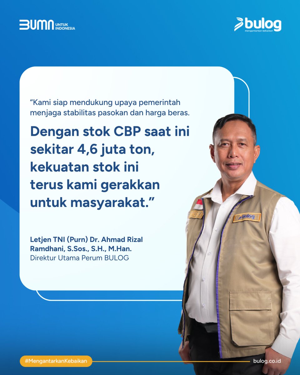 PerumBULOG's tweet photo. Dengan stok yang kuat dan jaringan distribusi nasional, BULOG terus mendukung upaya pemerintah menjaga ketersediaan, keterjangkauan, dan stabilitas harga beras.

#SPHPBULOG #BantuanPanganBULOG #StokBULOGAmanHargaTerkendali #BULOG #MengantarkanKebaikan https://t.co/GluIXlWlsQ