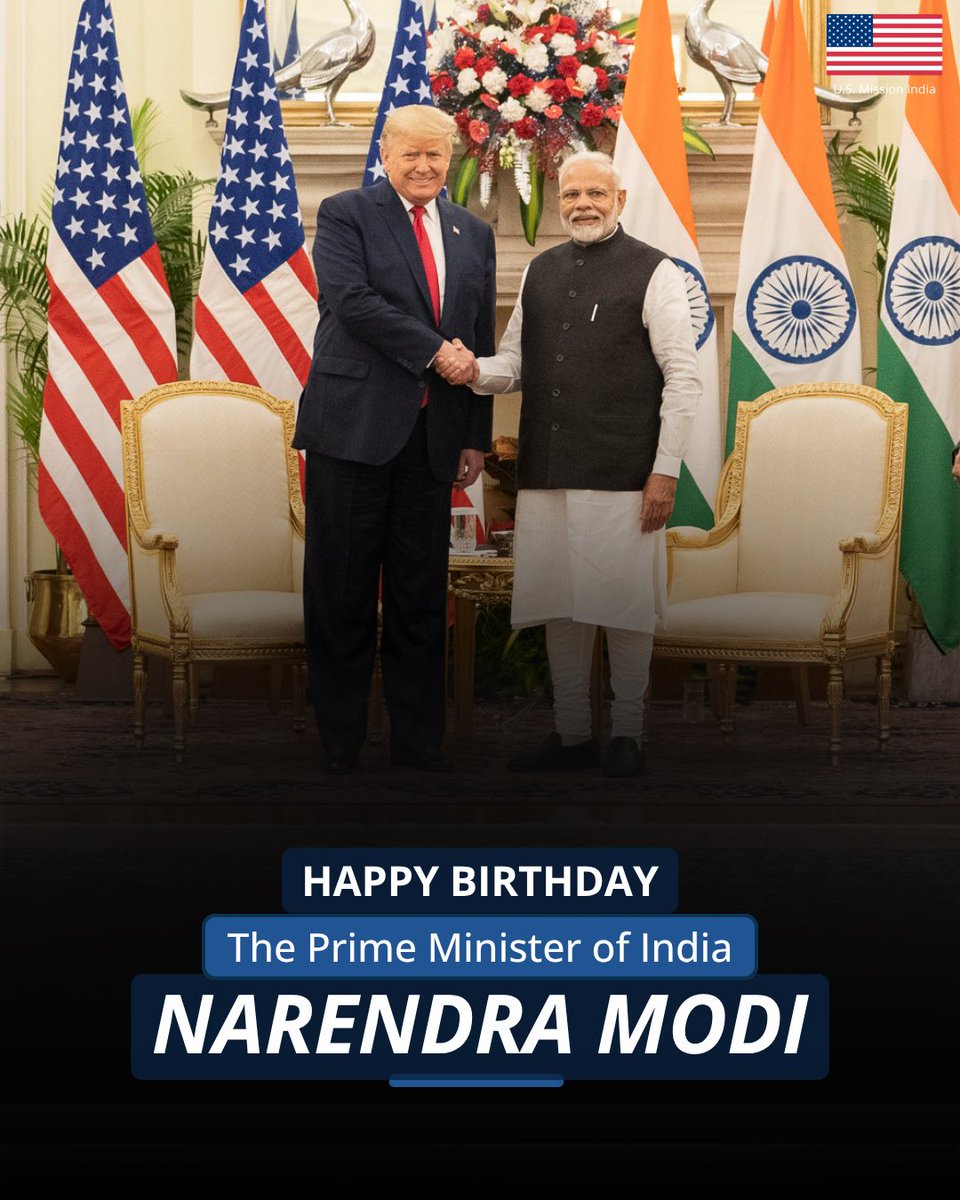 USAndIndia's tweet photo. On behalf of President Donald Trump, we wish Prime Minister @narendramodi a very Happy Birthday. 

Wishing you all the health and happiness in the coming year! https://t.co/5xh2c2oEhj