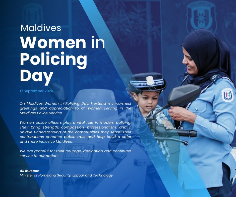 min_mohst's tweet photo. On #WomenInPolicingDay, we celebrate the courage, dedication and professionalism of women serving in the @PoliceMv . Your service strengthens our communities and contributes every day to a safer Maldives.

Thank you for your service and commitment. 🇲🇻 https://t.co/E411GPy2MH