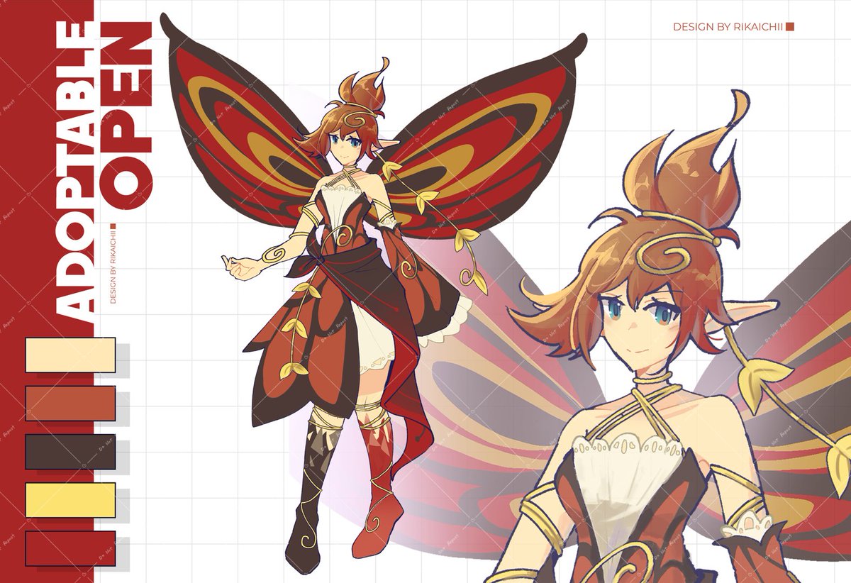 Rikaichii1's tweet photo. Another day of character design practice
This time it's one of fae species, Pixie! With Autumn theme and butterfly motif (I just learned how to draw the patterns and I'm addicted)
You can get her her with the Vgen link in my bio!
#Adoptable #OriginalCharacter #Adoptableopen https://t.co/TTkVxuJS4J