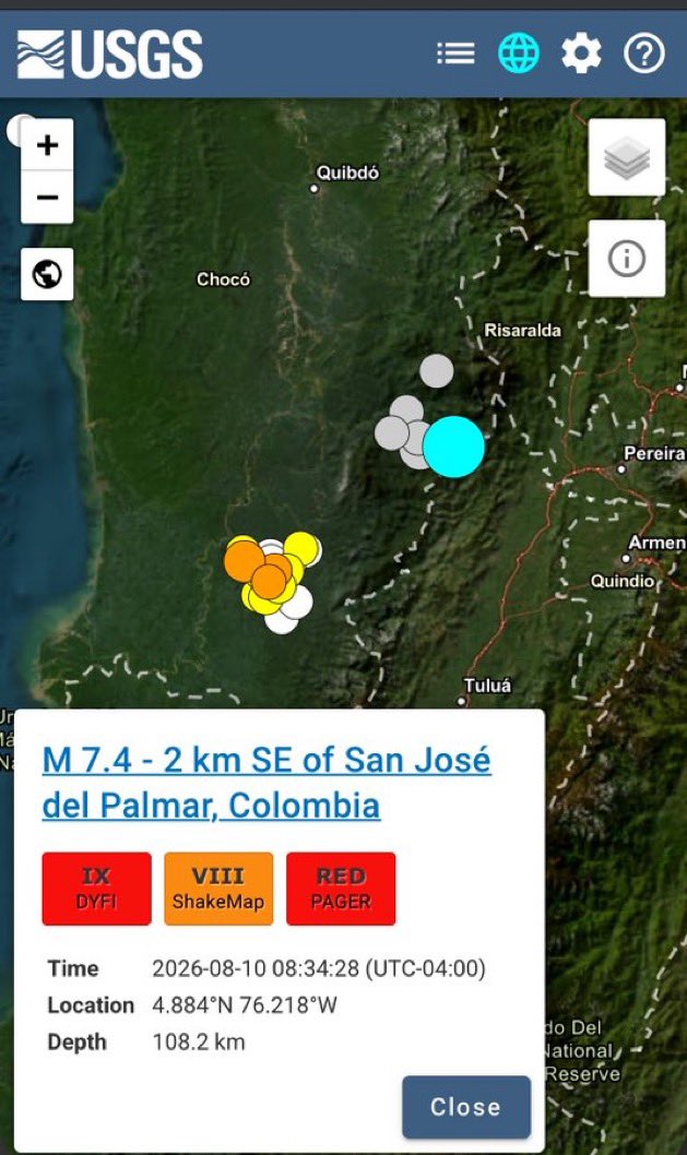 RafaelCapachoo's tweet photo. 🚨 ATENCIÓN COLOMBIA 🇨🇴 
un enjambre sísmico inusual, en una zona adyacente a la del terremoto 7.4 está ocurriendo a unos 35 km más al sur hacia la localidad de Sipi 🚨 
#Terremoto #Earthquake #Sismo RT https://t.co/asRPZ2Y2YB