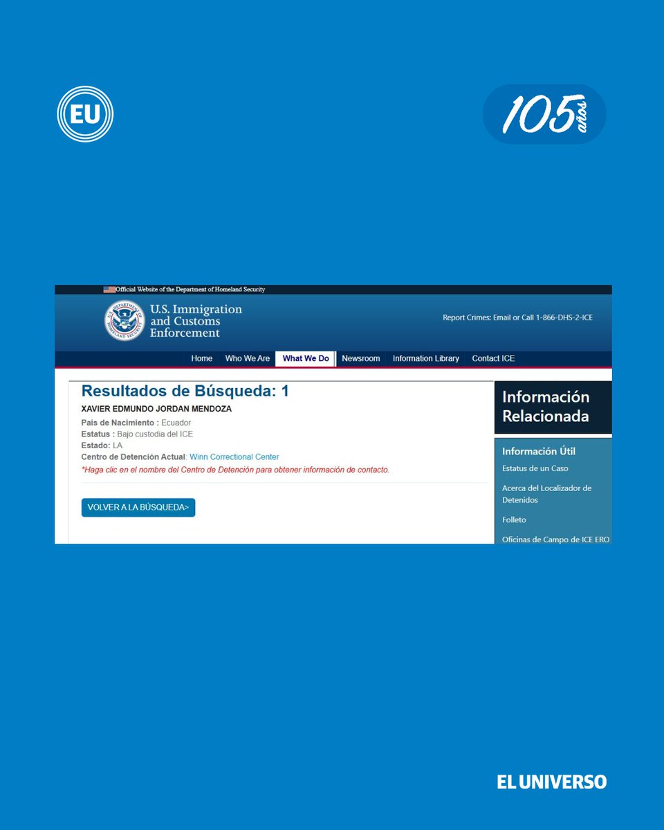 eluniversocom's tweet photo. Xavier Jordán Mendoza fue detenido por el ICE y permanece recluido en Luisiana. Su información está ya detallada en la página web de la institución como "bajo custodia del ICE"

Jordán está procesado en el caso Metástasis y señalado como presunto instigador del magnicidio de Fernando Villavicencio, registrando órdenes de prisión preventiva vigentes ante la justicia ecuatoriana.

#Política #Noticias #ElUniverso