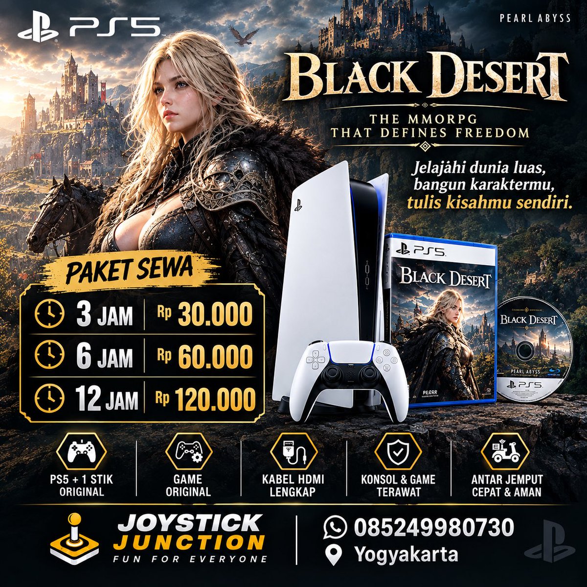JJyogya's tweet photo. ⚔️🔥 MASUK KE DUNIA FANTASI YANG PENUH PETUALANGAN!

Rasakan serunya Black Desert di PS5 🎮

🔥 Siap memulai petualanganmu? Sewa PS5 sekarang di Joystick Junction

JOYSTICK JUNCTION — Fun for Everyone
📱 WA: 085249980730

#sewaps #joystickjunction #jogja https://t.co/2ftt5hNsGj