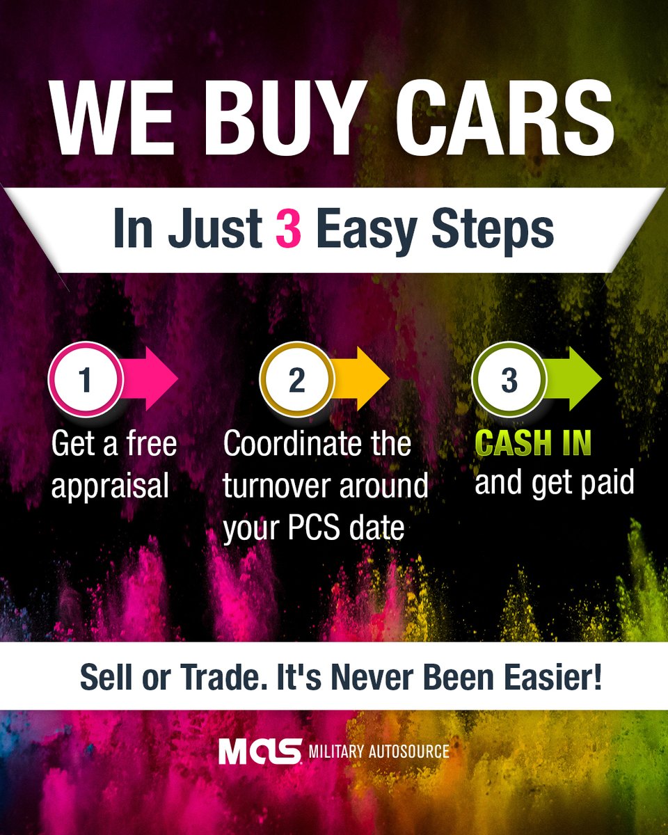 ShantellCypert's tweet photo. Cash in with Military AutoSource. Get a free, no-obligation appraisal, trade assistance, and hassle-free turnover. With 60+ years of experience, MAS helps you get the best value for your car. Plan your PCS today. https://t.co/WtKhWITHvz