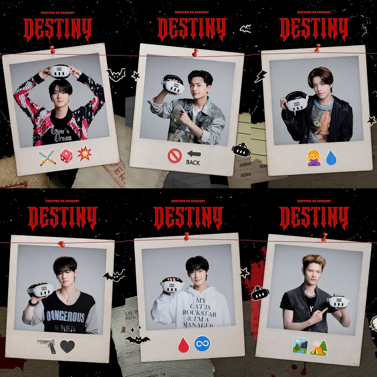 byeol_ice's tweet photo. <ENHYPEN VR CONCERT : DESTINY>

힌트 정리 

Hint 1 : ⚔️🎲💥 ➝ Knife 
Hint 2 : 🚫🔙 ➝ No Way Back
Hint 3 : 🙅‍♀️💧 ➝ Big Girls Don't Cry 
Hint 4 : 🔫🖤 ➝ CRIMINAL LOVE 
Hint 5 : 🩸♾️ ➝ Fate
Hint 6 : 🏞️🏕️ ➝  Lost Island https://t.co/WhyB8wcngN