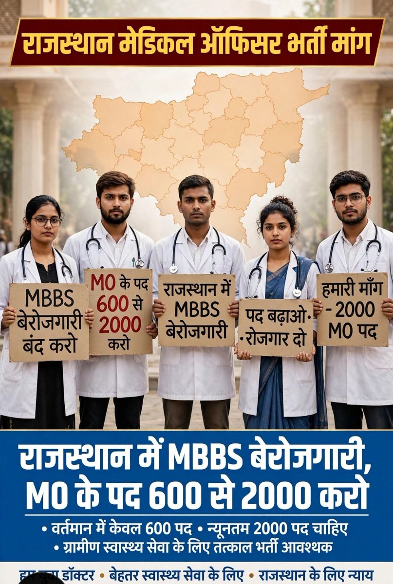 nikhilsing36149's tweet photo. MP - 1292 MO
UP - 4000+ MO
Bihar - 3000+ MO
To Rajasthan mein sirf 600 kyu?
Rajasthan ke berozgaar doctors ke saath nyay karo, MO ki seats badhao!

#मेडिकल_ऑफिसर_की_सीट_बढ़ाओ
#600Se2000
2000MedicalOfficer
MORecruitment
RajasthanHealth
@GajendraKhimsar @BhajanlalBjp https://t.co/ezzMpPudZY