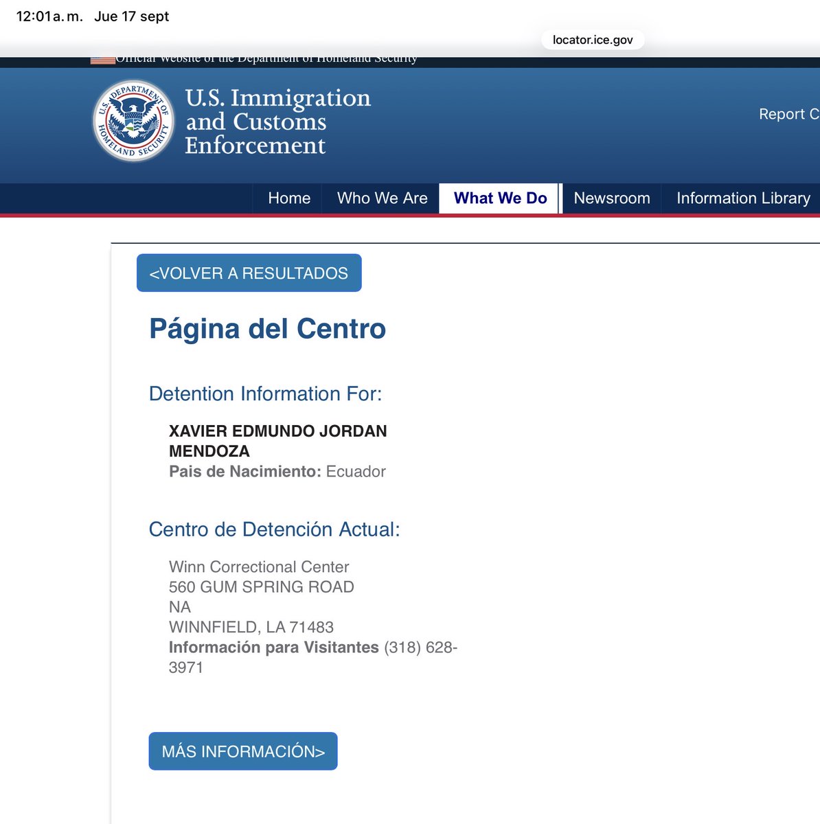 christianzr's tweet photo. En la página de U.S Inmigration and Customs Enforcement ya se registra la detención de #Jordán en el Winn Correctional Denter en el Estado de Luisiana. https://t.co/KHSoL0yfx9