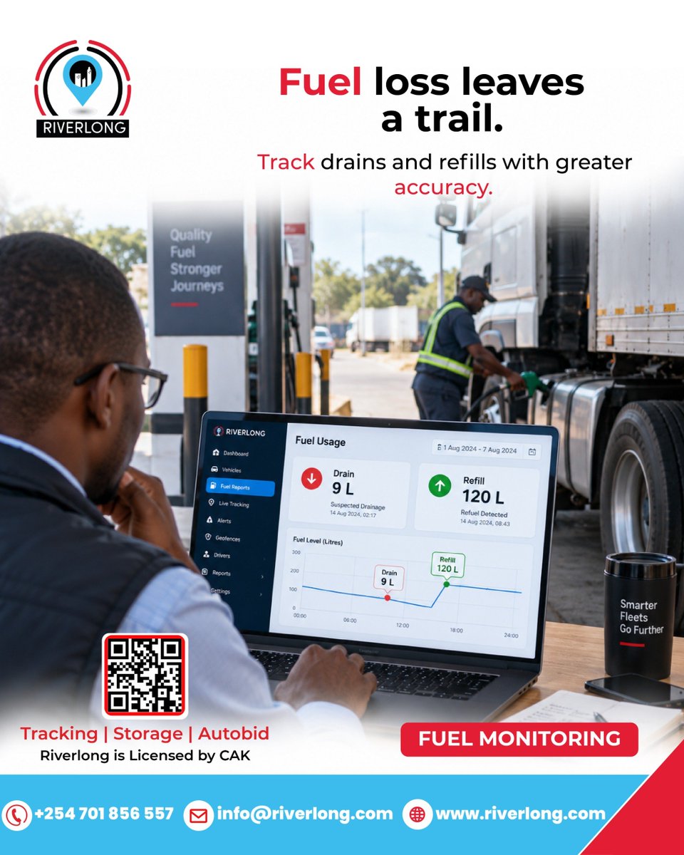 RiverlongLtd's tweet photo. Fuel loss leaves a trail.
Track drains and refills with greater accuracy using Riverlong fuel monitoring.
Call/WhatsApp: +254 701 856 557
info@riverlong.com
https://t.co/h1DnqjAiuz
#FuelMonitoring #FleetTracking #FuelTheft #GPSTracking #KenyaFleets https://t.co/lvM0M7UBJn