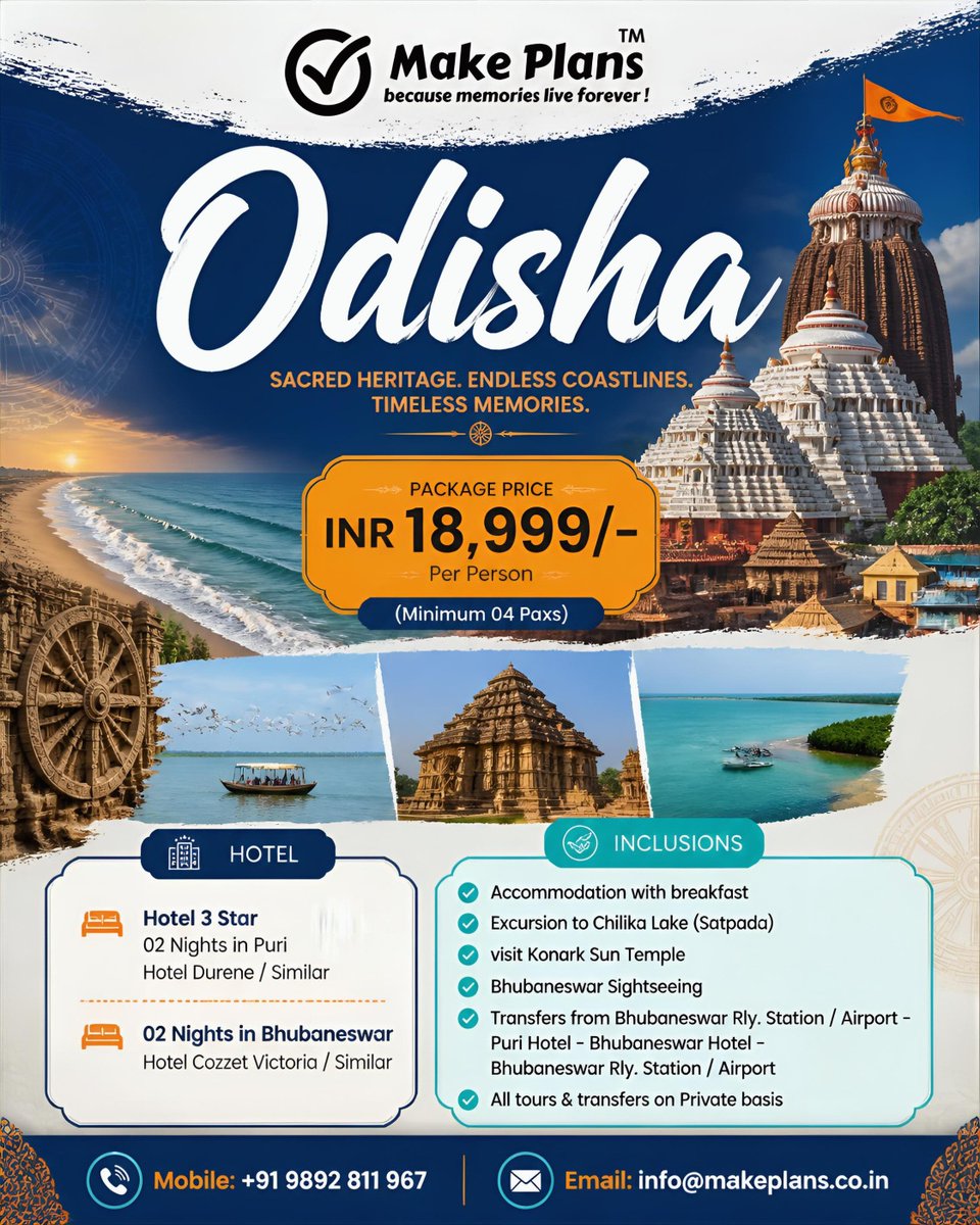 ElainaVendsr's tweet photo. For further inquiry on Odisha package booking contact on 9892 811 967, info@makeplans. co. in https://t.co/XzXhmIGfGq