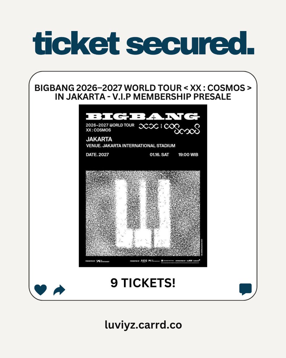 luviyz__'s tweet photo. SECURED! 🎟️✨

9 TIKET berhasil secured untuk BIGBANG 2026–2027 WORLD TOUR <XX : COSMOS> IN JAKARTA 🥹💛

Rinciannya:
🌼 Cat 1B (2 tix)
🌼 Cat 2 (1 tix)
🌼 Cat 3 (2 tix)
🌼 Cat 4 (4 tix)

Thank you buat yang udah percaya war bareng Luviyz 🫶🏻 https://t.co/qGvA47q7LR