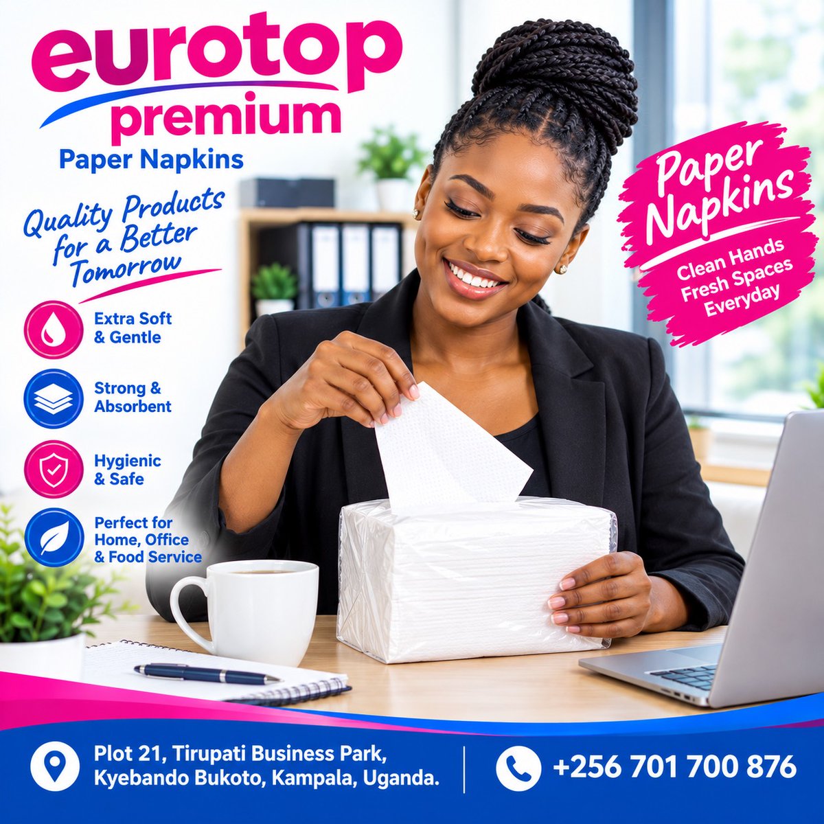 EurotopL's tweet photo. Eurotop Premium Napkins are that one thing that every neat and sparkling office can't do without! Get your pack today by ordering via our whatsapp number 0701700876 for free delivery in kampala. https://t.co/hsPtCq1tdj