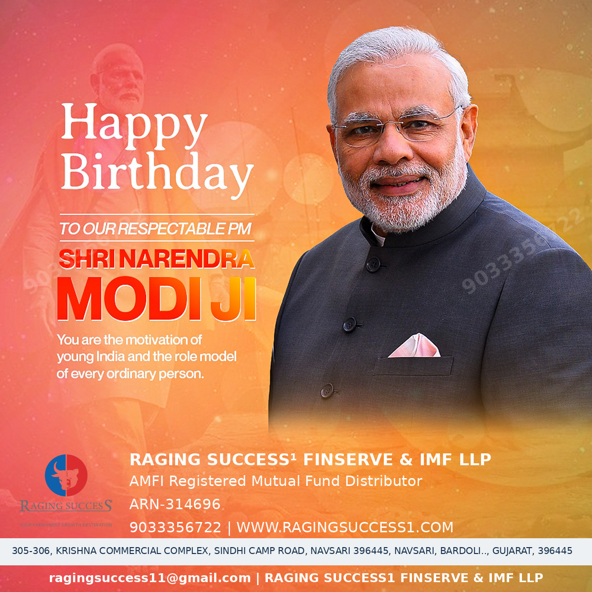ragingsuccess1's tweet photo. 🇮🇳 Warm Birthday Wishes to Hon’ble Prime Minister Shri Narendra Modi Ji! 🎉
Wishing you a healthy, successful and inspiring year ahead. 🙏

#MutualFunds #MF #SIP #Investment #WealthCreation #FinancialPlanning #Investing #BirthdayWishes #NarendraModi #PMModi #RagingSuccess https://t.co/J5sJLOakxe