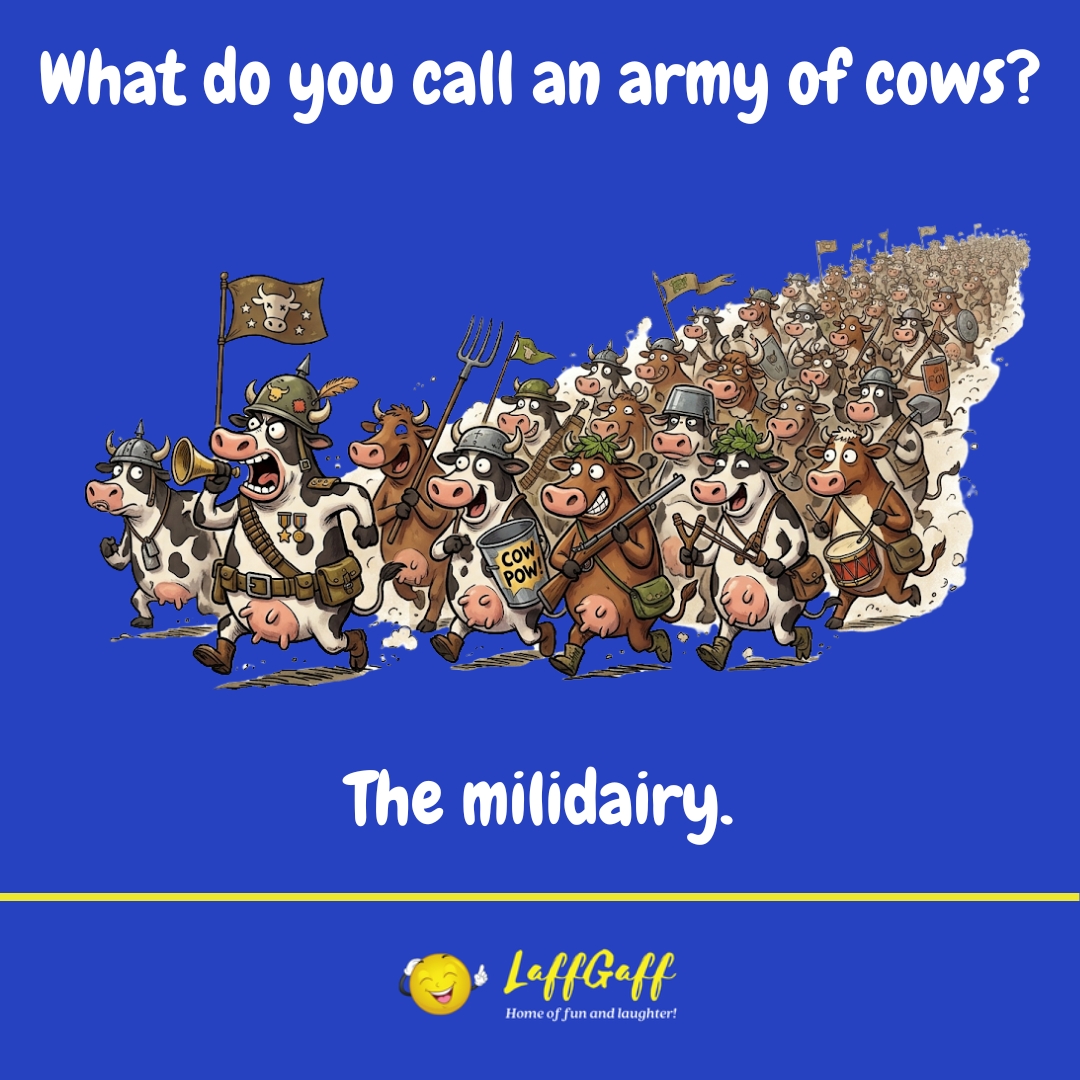 KendaDomaggox's tweet photo. Photo by LaffGaff on August 16, 2026. May be an image of calf and text that says "What do you call an army of cows? b0 The milidairy. LaffGaff f na Homeoffunandkaaghter andkaughter and". https://t.co/lGEizxQXto