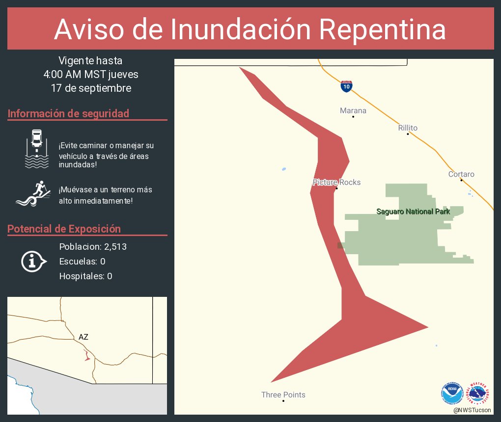 Este gráfico muestra la localización en el mapa de un aviso de inundación repentina. El aviso estará en efecto hasta las 4:00 AM MST. El aviso incluye a Pima County, AZ. El aviso incluye el norte centro del condado de Pima en el sureste de Arizona. ¡Evite caminar o manejar su vehículo a través de áreas inundadas! ¡Muévase a un terreno más alto inmediatamente! Hay 2,513 personas bajo este aviso incluyendo 0 escuelas y 0 hospitales.