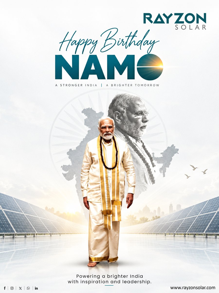 rayzonsolar's tweet photo. Happiest Birthday to the powerhouse Prime Minister of the Republic of India, Hon. Narendra Damodardas Modi. A leader who has laid the foundation for a New India and is advancing the country's development across all domains, including renewable energy.  May he enjoy good health. https://t.co/MkI7eOOryK