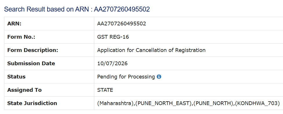 itsmeakshay7's tweet photo. @Infosys_GSTN 
ARN- AA2707260495502

Applied for cancellation of GST Registration 10-07-2026, but there has been no response or update yet from GST Officer. Kindly look into matter and process the cancellation at the earliest. #GST https://t.co/2mUQn8UVrc