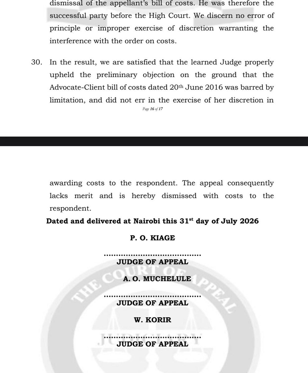 Lexken_EMSLaw's tweet photo. 🚨 Court of Appeal holds that a lawyer who spent years chasing his fees in the wrong court cannot recover them, because the clock never stopped running.

In Mugambi & another v Wangai (Civil Appeal No. 64 of 2020) [2026], the Court of Appeal restated a principle that an advocate's claim for professional fees arises from the contract of retainer with the client, and it is therefore subject to the six-year limitation period for contract claims under Section 4(1)(a) of the Limitation of Actions Act. Because the cause of action had accrued on 8 February 2010, the bill of costs filed on 20 June 2016 was time-barred, filed just outside the six-year window.

The crucial, and most consequential, holding is what the Court refused to do. The advocate had spent part of that period pursuing the claim, but in a court that ultimately lacked jurisdiction. He argued, in effect, that time should not count against him while he was genuinely litigating, wrongly, but in good faith. The Court held that Kenyan law does not recognise "equitable tolling", the suspension of the limitation clock while a party prosecutes a claim in a court without jurisdiction. Time runs regardless. Pursuing your claim in the wrong forum does not pause the deadline; it wastes it.

The legal dispute. This sits on a genuine fault line between two values the law holds dear. On one side is certainty and finality: limitation periods exist so defendants are not exposed to stale claims indefinitely, and so disputes are brought while evidence is fresh. On the other is substantive justice: it can seem deeply unfair that a litigant who was actively fighting for their right, and merely chose the wrong door, loses that right entirely to the passage of time. The Court came down firmly on the side of certainty: the limitation statute means what it says, and there is no general judicial discretion to extend it out of sympathy.

The contrast with other jurisdictions is instructive. In the United States, the Supreme Court in United States v Kwai Fun Wong (2015) held that even certain statutory time bars can be equitably tolled where a claimant was diligent but prevented from filing in time, because they were not expressly made jurisdictional. Kenya has deliberately not travelled that road. Our courts treat limitation, like jurisdiction, as hard-edged, and the principle from Samuel Kamau Macharia v Kenya Commercial Bank, that "jurisdiction is everything" and cannot be conferred by consent or good intentions, reinforces why time spent in a court that never had power to hear the claim simply does not count.

The judgment also settled a costs point worth noting: the High Court properly exercised its discretion under Section 27 of the Civil Procedure Act in awarding full costs to the successful party. Even though that party won on the limitation point alone, that single issue disposed of the entire case, making them the successful party fully entitled to costs. Winning on one dispositive ground is winning.

The practical takeaway. For advocates and litigants alike, the lesson is doubly pointed. First, diarise limitation from the moment a cause of action accrues, and file within time, in the correct forum, because there is no safety net if you get the forum wrong and the clock expires. Second, jurisdiction is not a technicality to be sorted out later; filing in the wrong court can be fatal, not merely inconvenient, because the time lost there is gone for good. In Kenya, being right about your claim means nothing if you are late, and litigating in the wrong court will not save you.

👉 Follow @Lexken_EMSLaw for practical legal insights on civil litigation, limitation of actions and legal practice.