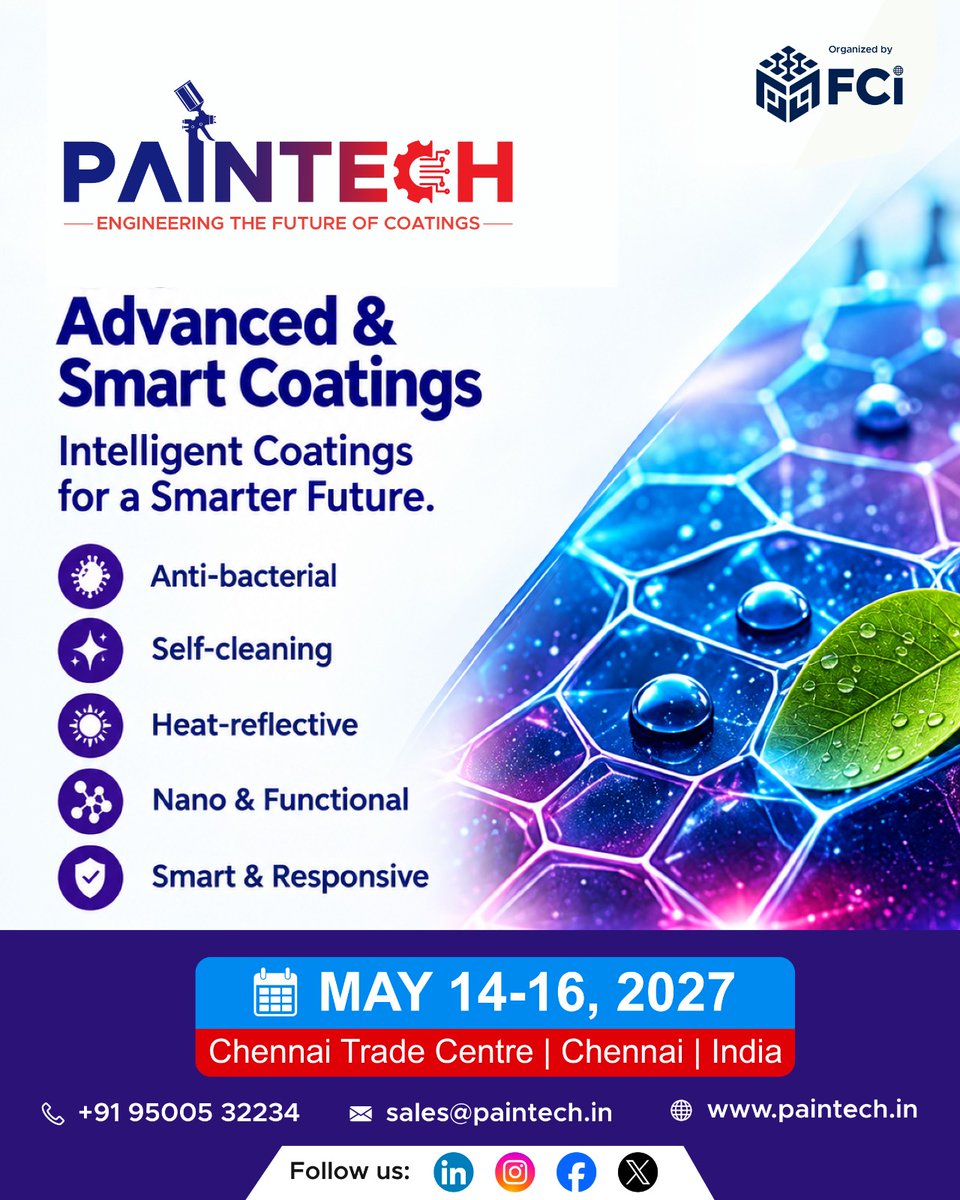 Paintechfaircon's tweet photo. ⚡ Coatings Are Getting Smarter — Are You Ready?

📅 14–16 May 2027
📍 Chennai Trade Centre | Chennai | India
📞 +91 95005 32234
📧 sales@paintech.in
🌐 https://t.co/MONnrF4E4E https://t.co/EdgkPdzTAe