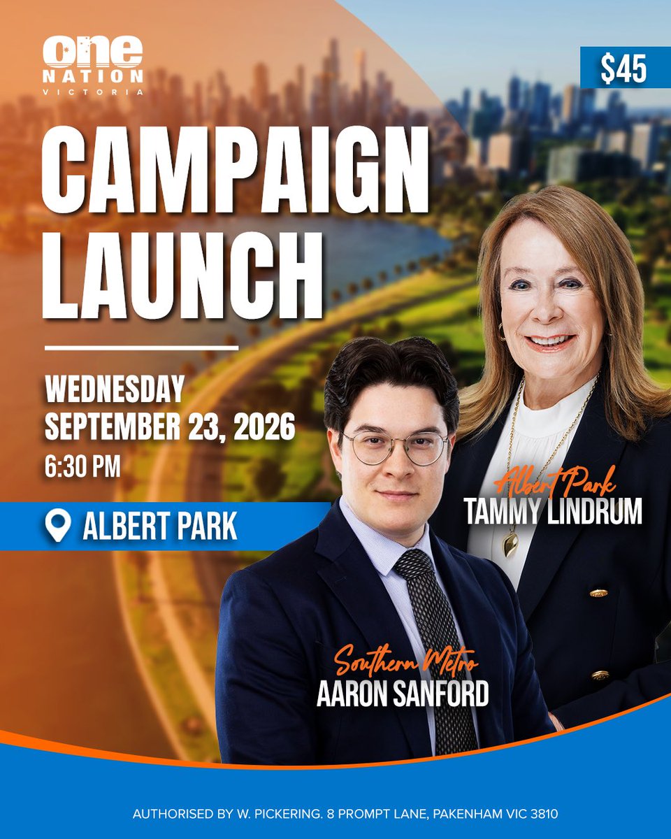 OneNationVic's tweet photo. Join us in Albert Park for the official launch of Tammy Lindrum, candidate for Albert Park, and Aaron Sanford, candidate for Southern Metro.

Food and drinks included.

Come along to meet the candidates and connect with local supporters and like minded people as One Nation prepares for the Victorian State Election.

Join us and be part of the campaign to deliver stronger representation for Albert Park, Southern Metro, and Victoria. 🇦🇺

Location details will be emailed to ticket holders on the day of the event.

BOOK HERE: https://t.co/2OGDo2fau1