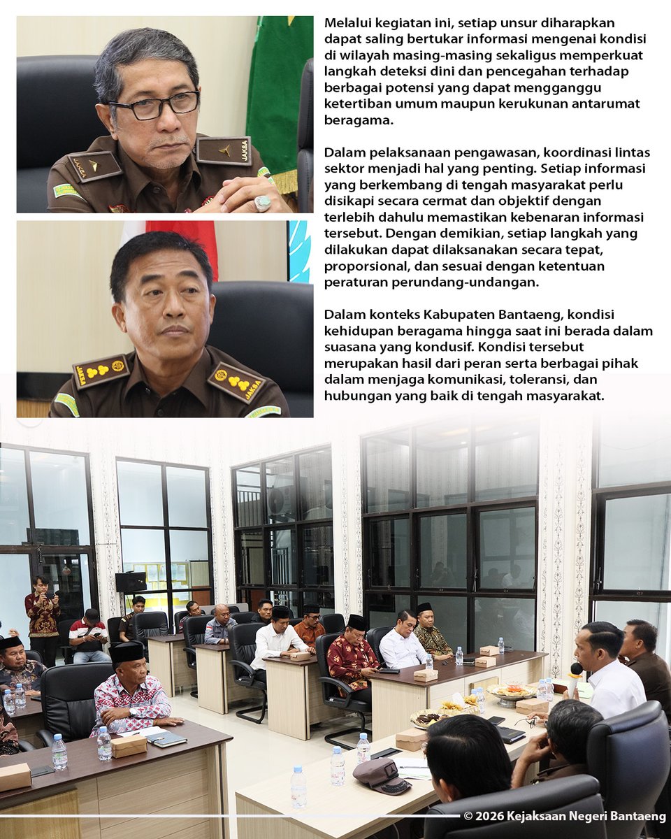 KNBantaeng's tweet photo. Rabu, 16 September 2026. Kejaksaan Negeri Bantaeng melaksanakan Monitoring dan Rapat Koordinasi Tim Pengawasan Aliran Kepercayaan dan Aliran Keagamaan dalam Masyarakat (PAKEM) Tahun 2026. https://t.co/EXj1nKb9Ht
