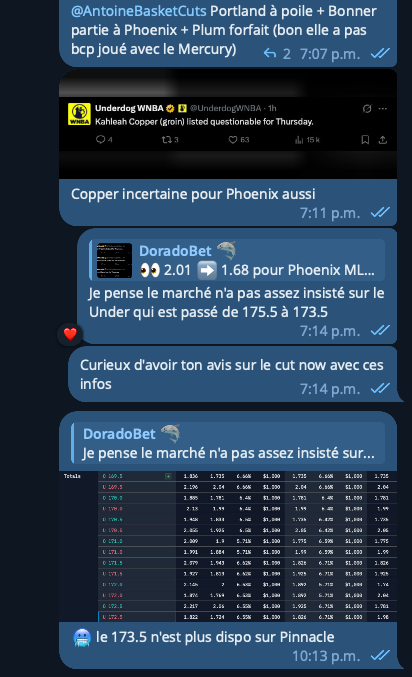 Doradobetting's tweet photo. J’avais analysé Portland–Phoenix aujourd’hui dans #LEXPERT et sur le site 👀
Dans le CLUB PRIVÉ 🦈 je disais ce soir que malgré le move 175.5 ➡️ 173.5, je pensais que le marché n’avait probablement pas encore suffisamment insisté sur l’Under.
Quelques heures plus tard, le 173.5 n’est plus disponible chez Pinnacle 🥶