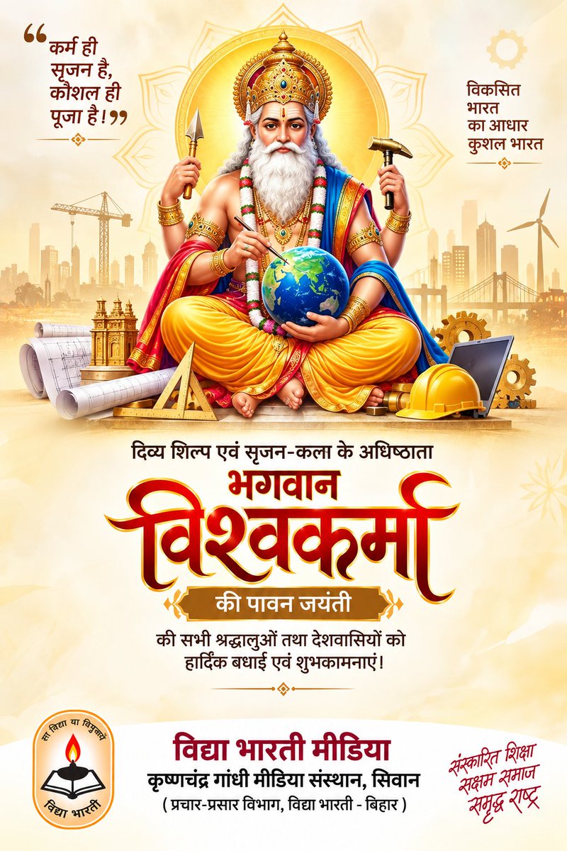 VBMediaSiwan's tweet photo. भगवान विश्वकर्मा जी की कृपा से सभी के जीवन में सुख-समृद्धि आए, कार्यों में सफलता मिले और प्रगति के नए मार्ग प्रशस्त हों।

#VishwakarmaPuja
#विश्वकर्मापूजा 
#VishwakarmaPuja 
#VishwakarmaJayanti
#परमार_की_बात #VBMEDIA https://t.co/oq840QhrE5