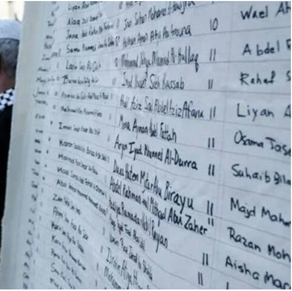 khurram1789's tweet photo. A memorial shroud, approximately 100 meters long and bearing the handwritten names of more than 20,000 Palestinian children killed in Gaza, has been put on display at the United Nations Church Center in New York. https://t.co/RF9vUz4eVy