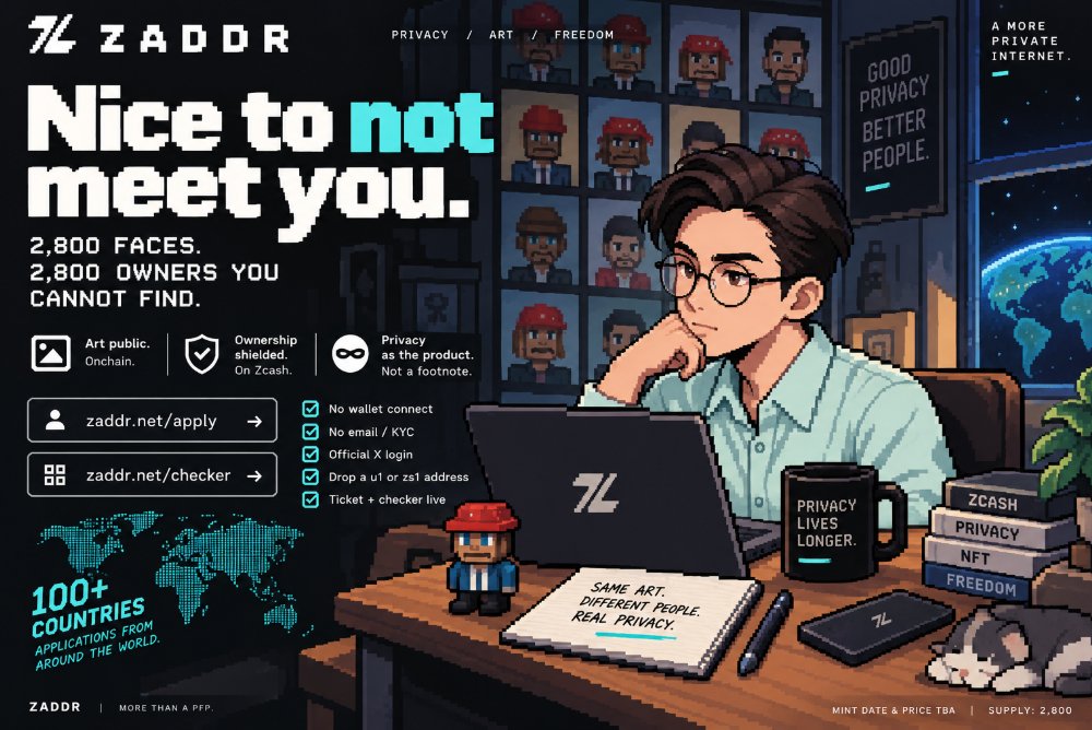 ChoiChason's tweet photo. Most NFTs doxx the owner the second you click the token.

@zaddrnet flipped that.

2,800 faces you can stare at.
2,800 owners you cannot find.

Art public. Ownership shielded on Zcash.

The line is perfect: Nice to not meet you.

This is the first PFP that actually uses privacy as the product, not a footnote. 

The picture lives onchain. 

The wallet does not become a public diary. That is a real design choice, not a slogan.
They launched Sept 11 and the map went planetary in days. 

Applications from 100+ countries. Manual review. Followers are not the filter. 

They read accounts. They watch who actually contributes. That is rare and it shows.
Application is clean:

no wallet connect

no email / KYC

official X login
drop a u1 or zs1 address
ticket + checker live
https://t.co/MOT5JdxSOF
https://t.co/hHT2AGqaAp
On top of the collection they are building something people will actually use: pay https://t.co/YLWgntA8Q5 instead of pasting a 178-character address. Name visible. Payment shielded.

Mint date and price still TBA. Supply is 2,800. Not selected this round is not final if you keep showing up.

Privacy NFTs have been talked about for years. This one looks like someone finally built the version that makes sense.
Do your own research. Not financial advice.