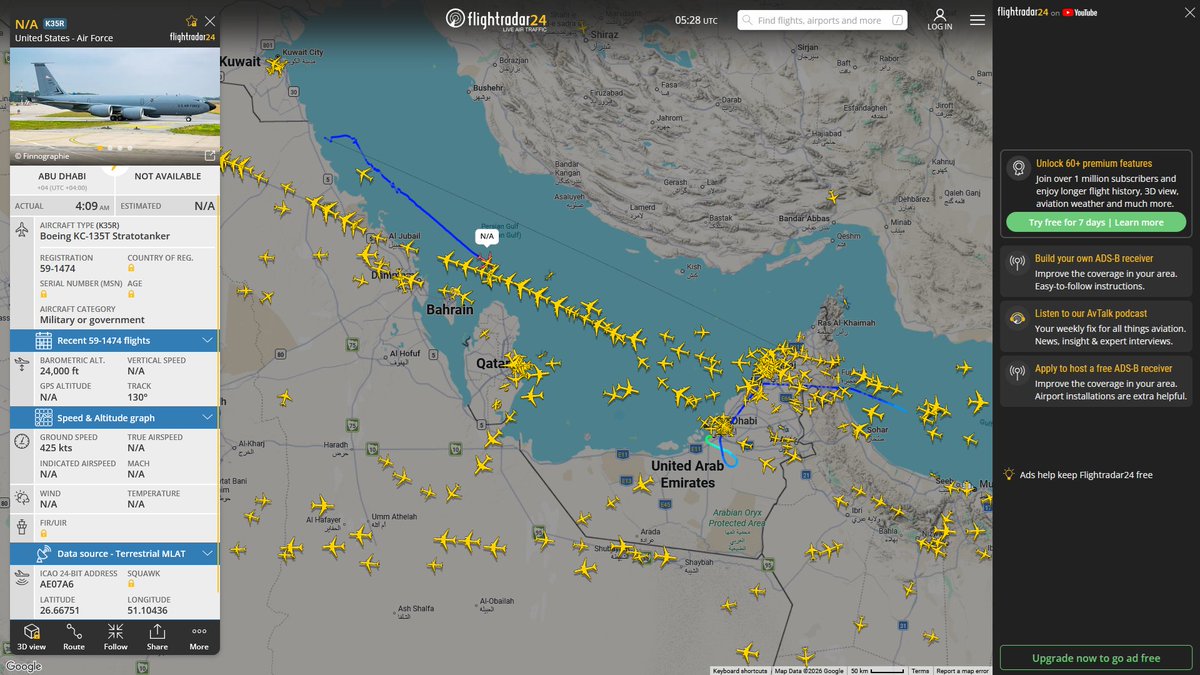 AIYeyENGDdJkjTr's tweet photo. Sept. 17, 2026
#Al-Udeid Air Base ==> #Gulf of Oman 
#NoCALLSIGN #AF8444 USAF KC-46A Pegasus 
#NoCALLSIGN #AEF829 USAF KC-46A Pegasus 

#Al-Udeid Air Base ==> #Musandam Peninsula
#FLYER63 #AE63BC USAF KC-46A Pegasus

#Al-Udeid Air Base ==>
#FLYER65 #AFA175 USAF KC-46A Pegasus

#Al Reef Base, Abu Dhabi ==> #Gulf of Oman #Persian Gulf
#NoCALLSIGN #AE07A6 USAF KC-135T Stratotanker