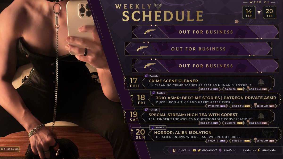 InVainYT's tweet photo. 🔔Schedule for SEP 14  - SEP 20!🔔

Don't look too closely at the schedule… just a little peek at what's coming this week. Consider it a reward for being such good underlings. I do like keeping my members spoiled.~ 

Stream Time | 4PM PST | 7PM EST | 8AM JST https://t.co/OPzgs7sdji