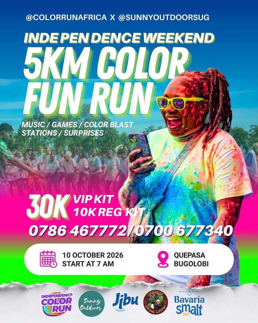 IsamichaelReal's tweet photo. Get ready to run, splash, dance and celebrate! The Independence Weekend 5KM Color Fun Run is happening on 10 October 2026, starting at 7AM from Quepasa Bugolobi. Music, games, color blasts and surprises await! #IndependenceColorRun #IndependenceColorFunRunUG https://t.co/hZWo4CubKt