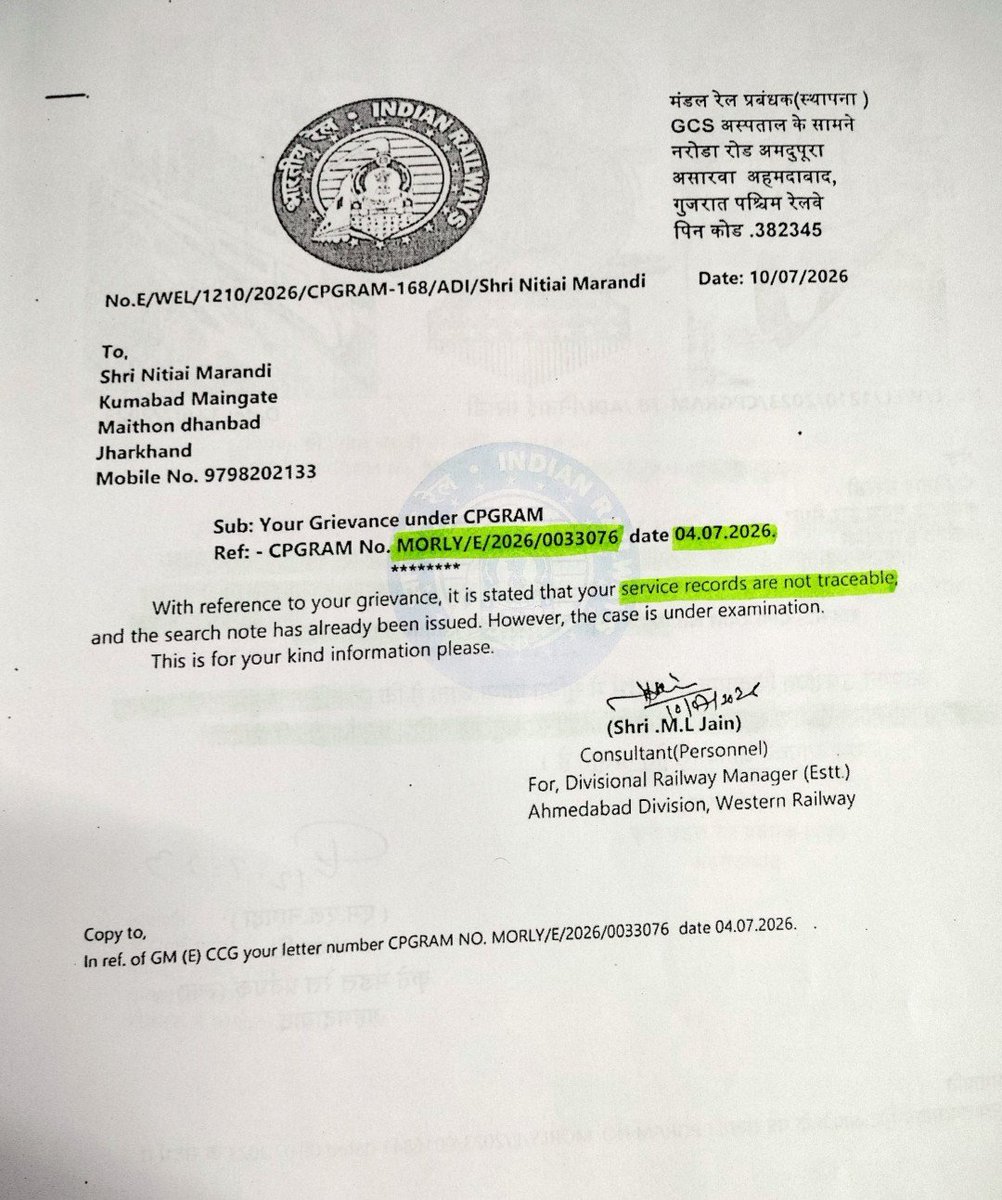 MarandiNitai's tweet photo. @drmadiwr @WesternRly @RailMinIndia @InfoGujarat @infoahdgog @PIBAhmedabad Personnel Deptt ADI is not settling employees Final Settlement/Leave encashment in accordance with IREC Rule 550. My resignation accepted on 22.01.2022 but Despite multiple complaints, the same reply is repeatedly given, but no action taken till now. Sir pls help @Vedprakashirts https://t.co/pm5BCbjqmS
